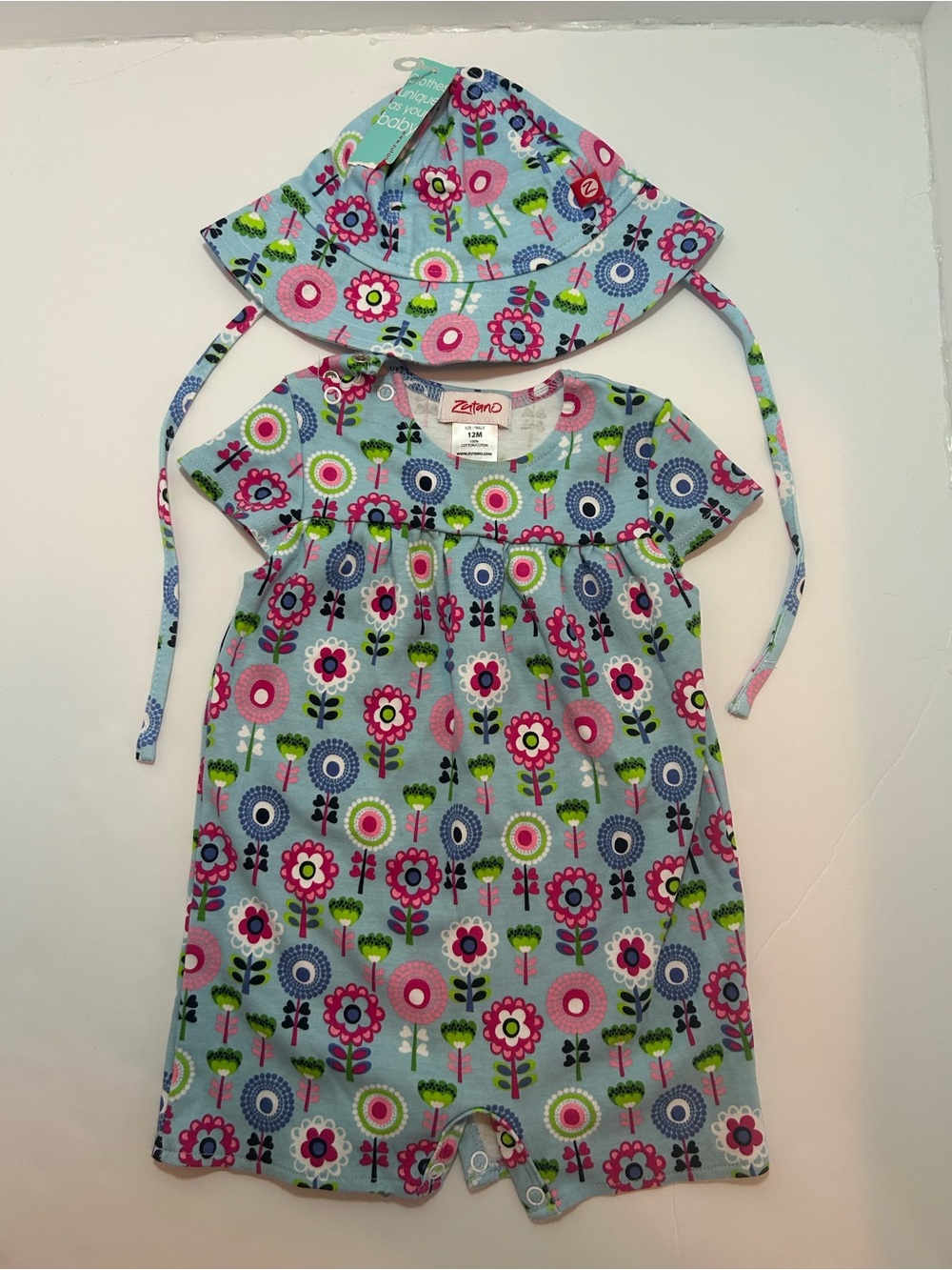 ZUTANO 12M Romper w/ Matching Hat: Light Blue Retro Floral Print, Beach, Sun